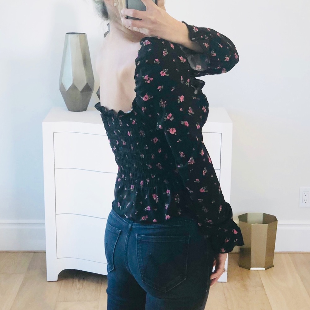 LAST 1! Black Floral Print Long Sleeve Ruffle Top - Picture 5 of 6